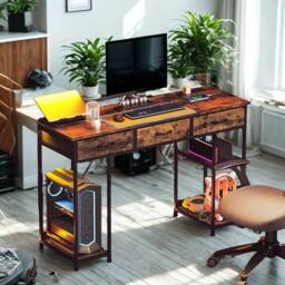 FURNOS Industrial 120CM Computer Desk With Drawers & USB Outlets in Brown - thumbnail 2