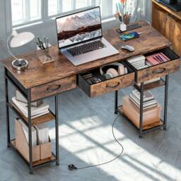 FURNOS Industrial 120CM Computer Desk With Drawers & USB Outlets in Brown