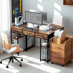 FURNOS Industrial 120CM Computer Desk With Drawers & USB Outlets in Brown - thumbnail 3