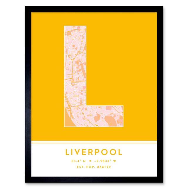 "Wee Blue Coo Wall Art Print Liverpool England United Kingdom City Map Modern Typography Stylish Letter Framed Word in Yellow - Size: W12"" x H16""" - image 1
