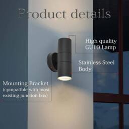 ATEK Outside Up & Down Wall Lights, IP44 Waterproof Up Down Mains Power Lighting Black Stainless Steel Exterior Wall Sconce GU10 - thumbnail 4