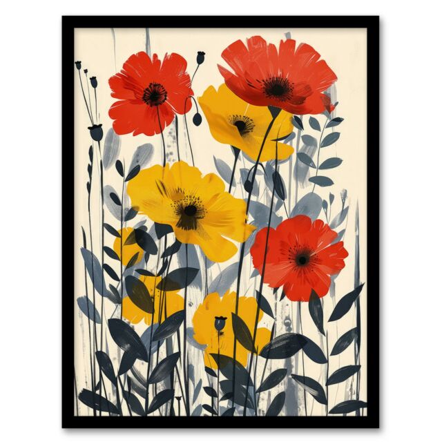 Artery8 Wall Art Print Yellow & Red Wildflowers Blooming Modern Art Framed Poster in Black - Size: A4 - image 1