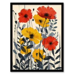 Artery8 Wall Art Print Yellow & Red Wildflowers Blooming Modern Art Framed Poster in Black - Size: A4 - thumbnail 1