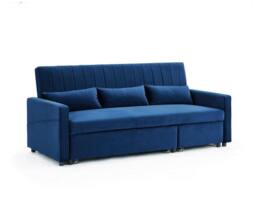 Home Detail Devon Velvet Pull Out Sofa Bed Ribbed Fabric Detailing & Side Pocket Storage in Dark Blue - thumbnail 2
