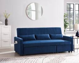 Home Detail Devon Velvet Pull Out Sofa Bed Ribbed Fabric Detailing & Side Pocket Storage in Dark Blue