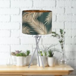 First Choice Lighting Tropica - Chrome Tripod Table Lamp with Dark Green Leaf Embossed Shade in Silver - thumbnail 3