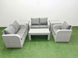 Fimous High Back Poly Rattan Garden Furniture Set w/ Reclining Chair Loveseat Sofa Oblong Coffee Table Indoor Outdoor Patio Set 2 Side Table Light - thumbnail 2