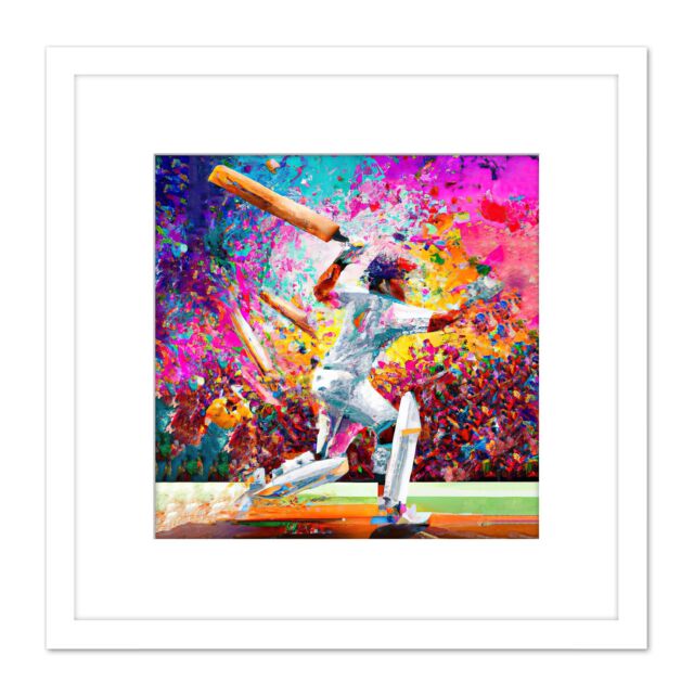 Artery8 Colourful Cricket Batsman Vibrant Modern Pink Splatter Oil Painting Square Wooden Framed Wall Art Print Picture 8X8 Inch in White - image 1