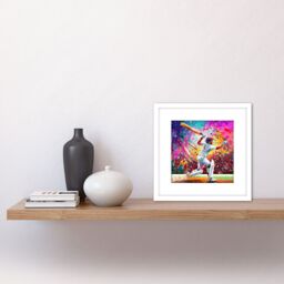 Artery8 Colourful Cricket Batsman Vibrant Modern Pink Splatter Oil Painting Square Wooden Framed Wall Art Print Picture 8X8 Inch in White - thumbnail 2