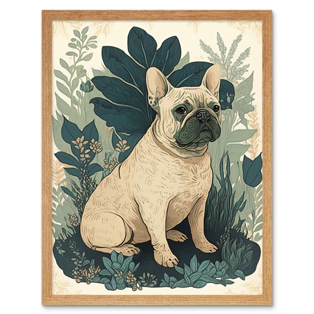"Artery8 Wall Art Print French Bulldog & Tropical Plants Modern Pastel Colour Boho Art Framed in Light Oak - Size: W12"" x H16""" - image 1