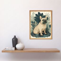 "Artery8 Wall Art Print French Bulldog & Tropical Plants Modern Pastel Colour Boho Art Framed in Light Oak - Size: W12"" x H16""" - thumbnail 2