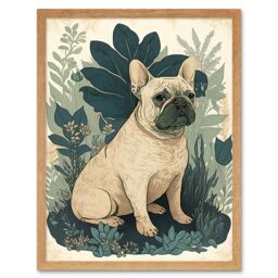 "Artery8 Wall Art Print French Bulldog & Tropical Plants Modern Pastel Colour Boho Art Framed in Light Oak - Size: W12"" x H16""" - thumbnail 1