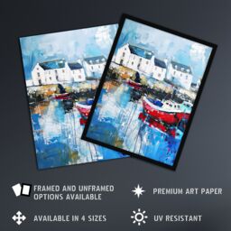 Artery8 Boats Harbour Coastal Townscape Oil Painting Framed Art Print in Blue - Size: A4 - thumbnail 2