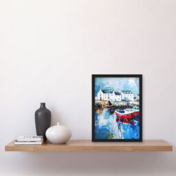 Artery8 Boats Harbour Coastal Townscape Oil Painting Framed Art Print in Blue - Size: A4 - thumbnail 4