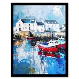 Artery8 Boats Harbour Coastal Townscape Oil Painting Framed Art Print in Blue - Size: A4 - thumbnail 1