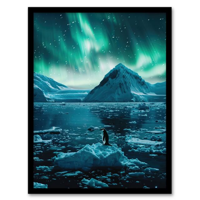 Artery8 Aurora Australis Penguin Antarctica Ice Landscape Framed Art Print in Blue - Size: A4 - image 1