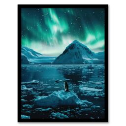 Artery8 Aurora Australis Penguin Antarctica Ice Landscape Framed Art Print in Blue - Size: A4 - thumbnail 1