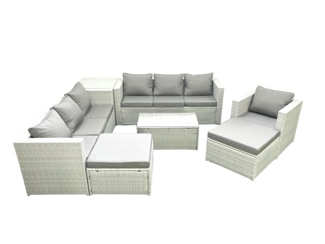Fimous Wicker PE Rattan Sofa Garden Furniture Set with Armchair Oblong Coffee Table 2 Big Footstools Side Table Light Grey Mixed - image 1