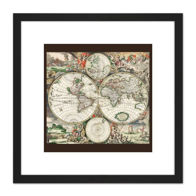 Artery8 Van Schagen 1689 Map Of The World 8X8 Inch Square Wooden Framed Wall Art Print Picture with Mount in Black - image 1