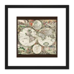 Artery8 Van Schagen 1689 Map Of The World 8X8 Inch Square Wooden Framed Wall Art Print Picture with Mount in Black - thumbnail 1