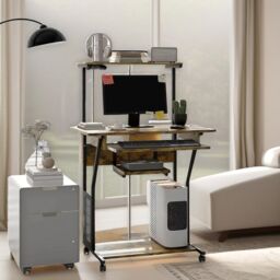 FURNOS Industrial Rolling Computer Desk With Keyboard Tray & Shelves in Brown - thumbnail 3