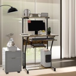 FURNOS Industrial Rolling Computer Desk With Keyboard Tray & Shelves in Brown - thumbnail 2