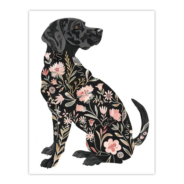 "Artery8 Dog Lover Black Labrador with Floral Pattern Fur Wall Art Print - Size: W12"" x H16""" - image 1