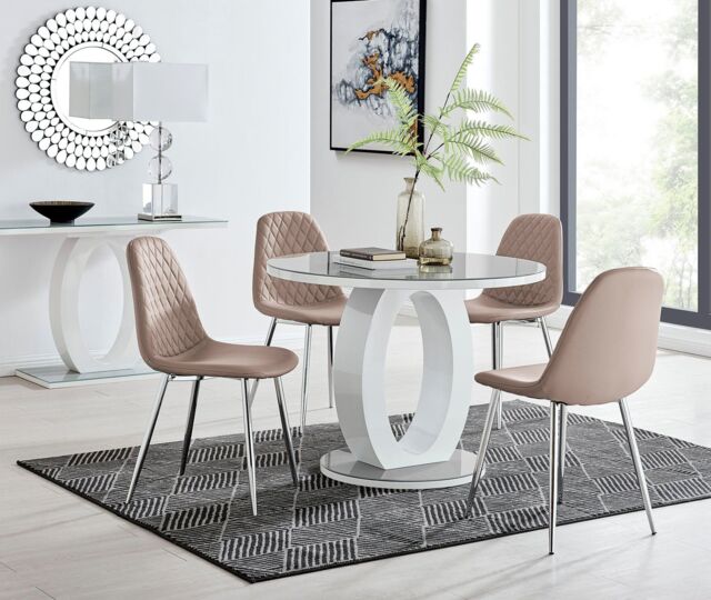 FurnitureboxUK Giovani Round 4 Seat 100cm White High Gloss Halo Base Grey Glass Top Dining Table 4 Soft Faux Leather Silver Leg Corona Chairs in Beige - image 1