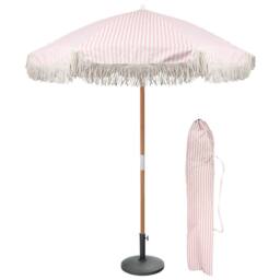 Harbour Housewares 1.4M Tassel Fringed Wooden Garden Parasol & Base Set with Carry Bag in Pink - thumbnail 1