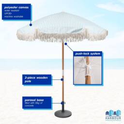 Harbour Housewares 1.4M Tassel Fringed Wooden Garden Parasol & Base Set with Carry Bag in Pink - thumbnail 2