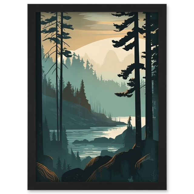 Artery8 Great Bear Rainforest Misty Sunrise Landscape Artwork Framed Wall Art Print A4 in Black - image 1