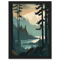 Artery8 Great Bear Rainforest Misty Sunrise Landscape Artwork Framed Wall Art Print A4 in Black - thumbnail 1