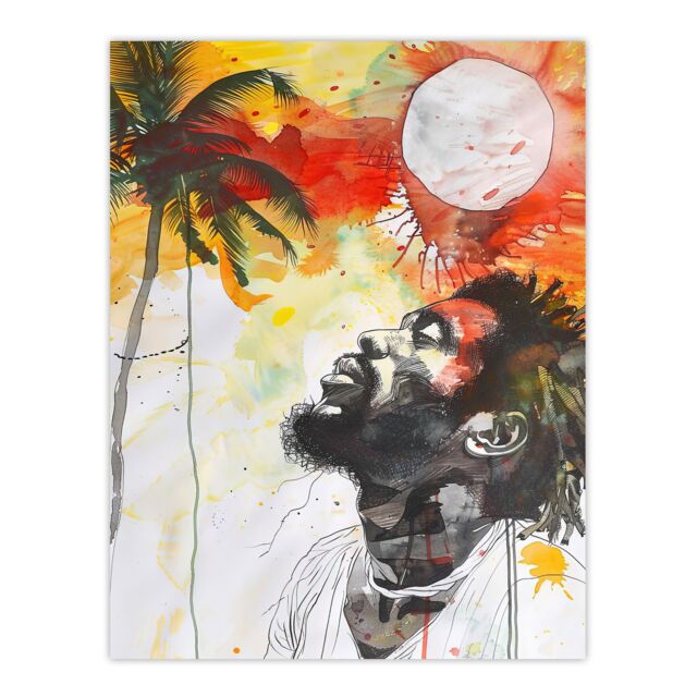 "Artery8 Jamaican Man Portrait Sunset Palm Tree Rastafari Wall Art Print in Red - Size: W24"" x H32""" - image 1