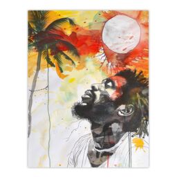 "Artery8 Jamaican Man Portrait Sunset Palm Tree Rastafari Wall Art Print in Red - Size: W24"" x H32""" - thumbnail 1