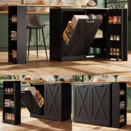 BTM 360° rotating kitchen island with folding door & side shelves in Black - thumbnail 1