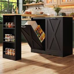BTM 360° rotating kitchen island with folding door & side shelves in Black - thumbnail 4