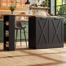 BTM 360° rotating kitchen island with folding door & side shelves in Black - thumbnail 6