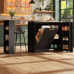 BTM 360° rotating kitchen island with folding door & side shelves in Black - thumbnail 3