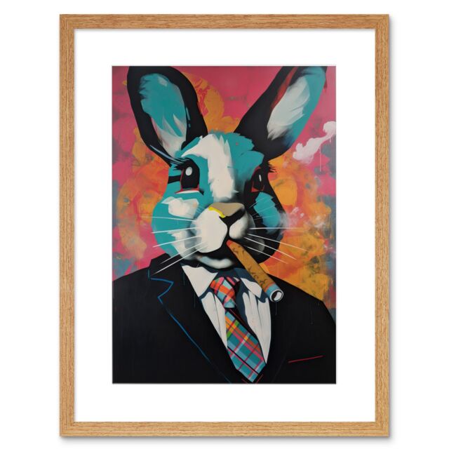 "Artery8 Wall Art Print Blue Rabbit with Cigar & Suit Modern Pop Artwork Framed 9X7 Inch in Beige - Size: W7"" x H9""" - image 1