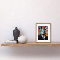"Artery8 Wall Art Print Blue Rabbit with Cigar & Suit Modern Pop Artwork Framed 9X7 Inch in Beige - Size: W7"" x H9""" - thumbnail 2