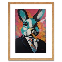 "Artery8 Wall Art Print Blue Rabbit with Cigar & Suit Modern Pop Artwork Framed 9X7 Inch in Beige - Size: W7"" x H9""" - thumbnail 1