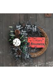 "Living and Home 40cm Halloween Wreath with Pumpkin, Bow & Pine Cones Rustic Vine Door Hanging with “Halloween"" Sign" - thumbnail 2