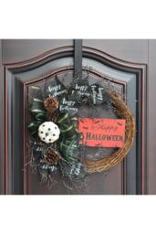 "Living and Home 40cm Halloween Wreath with Pumpkin, Bow & Pine Cones Rustic Vine Door Hanging with “Halloween"" Sign" - thumbnail 1