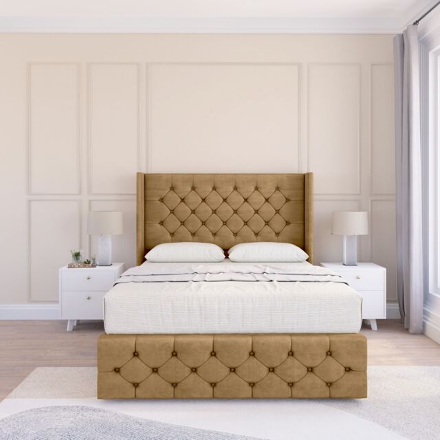 "Sloomy Luthor Plush Bed Set, No Drawers & 54"" Wingback Headboard in Light Brown - Size: Super King" - image 1