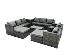 Fimous 10-seater Patio Coffee Table Sofa Set with 2 Big Stools in Dark Grey - thumbnail 1
