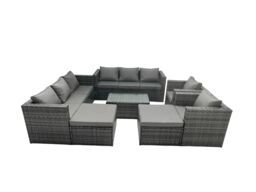 Fimous 10-seater Patio Coffee Table Sofa Set with 2 Big Stools in Dark Grey - thumbnail 2