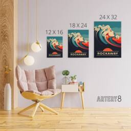 "Artery8 Rockaway Beach Wave Portrait Travel Ad New Canvas Wall Art Print in Blue - Size: W24"" x H32""" - thumbnail 4