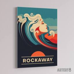 "Artery8 Rockaway Beach Wave Portrait Travel Ad New Canvas Wall Art Print in Blue - Size: W24"" x H32""" - thumbnail 2