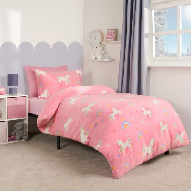 OHS Unicorn Bedding Duvet Cover Set Plush Fleece Warm Quilt in Pink - Size: Single - image 1