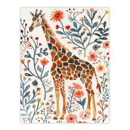 "Artery8 Giraffe with Wildflowers Watercolour Folk Art Wall Art Print - Size: W12"" x H16""" - thumbnail 1